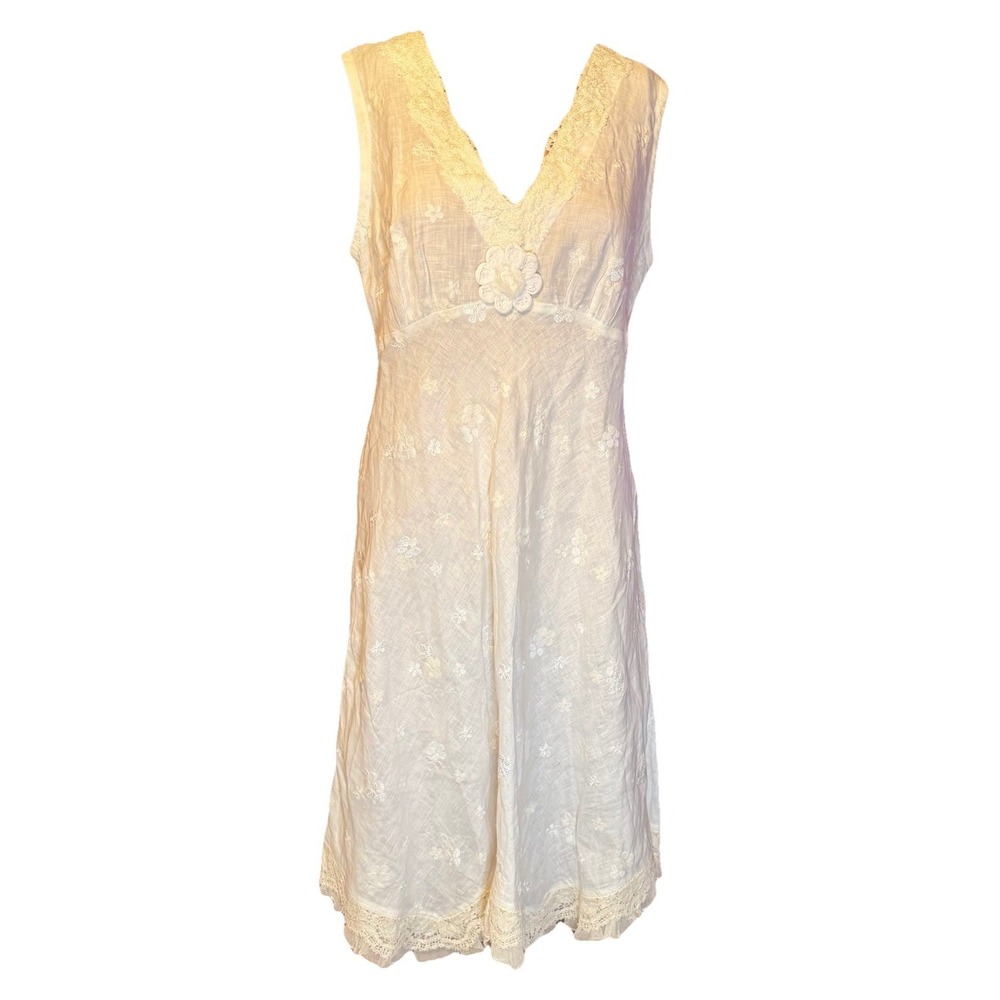 Vintage Creazioni Linen Made In Italy Macrame Boho Style Lace Wedding Dress Sz M